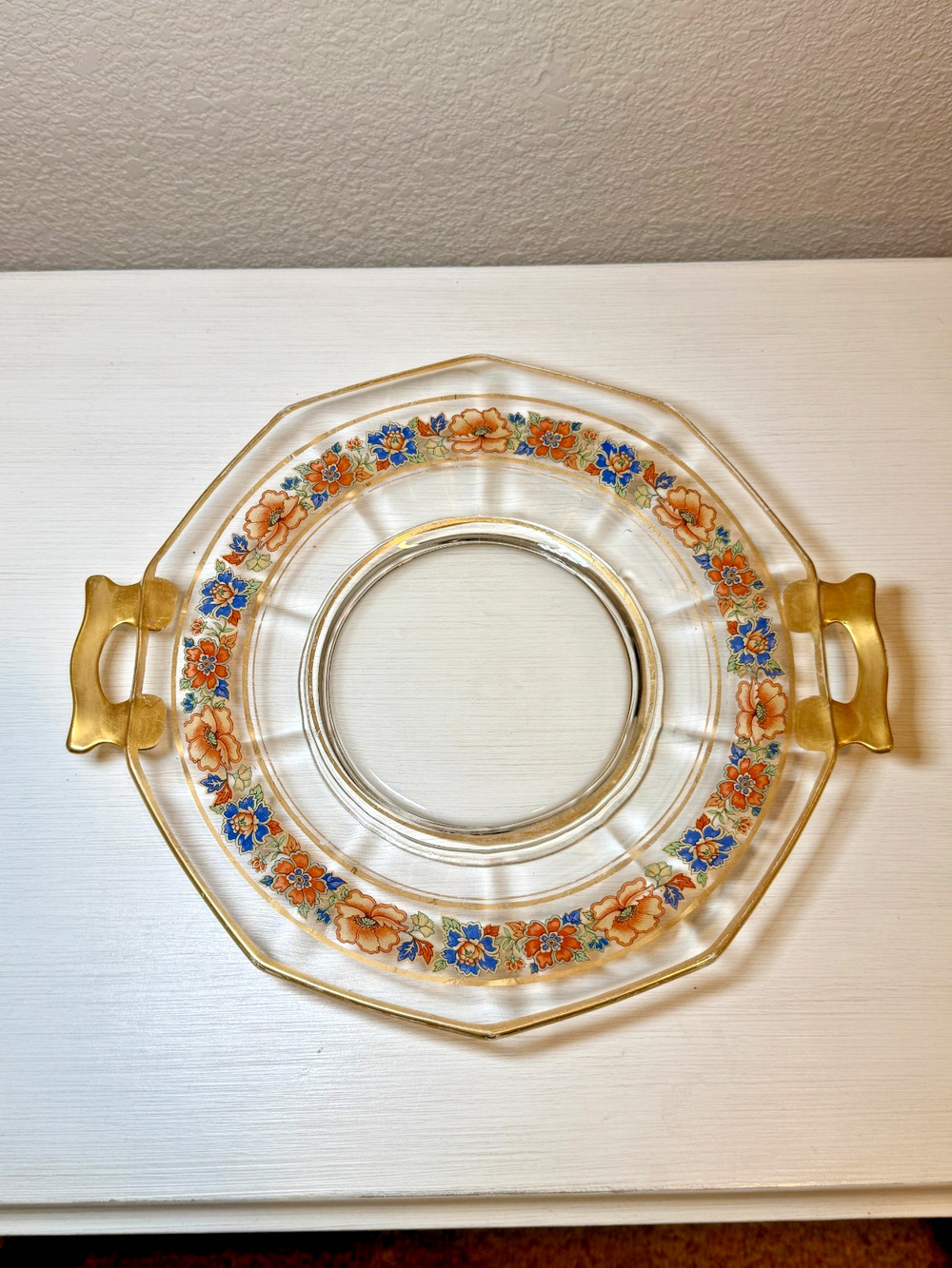 Vintage Depression Glass Floral Serving Tray Gold Handles Art Deco 12" Cottage